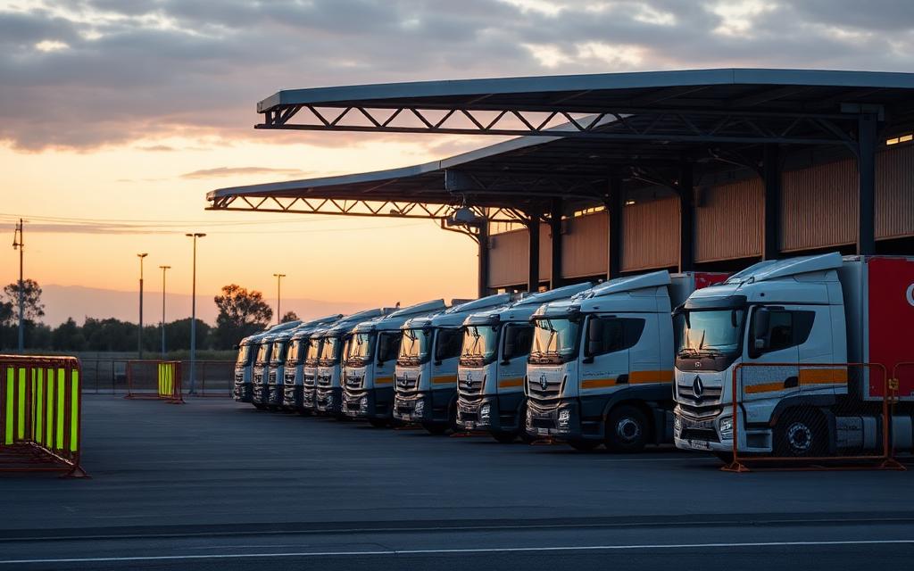 Government fleet depot at dawn