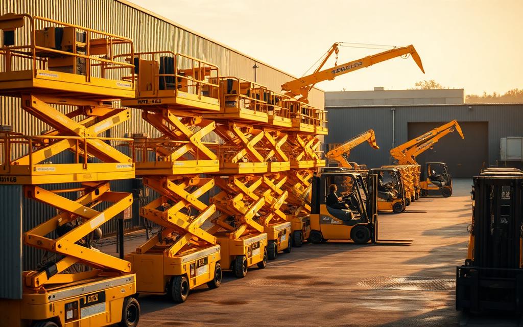 Row of scissor lifts and forklifts in a hire yard