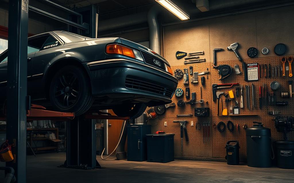 Vehicle on a hoist inside a mechanic workshop